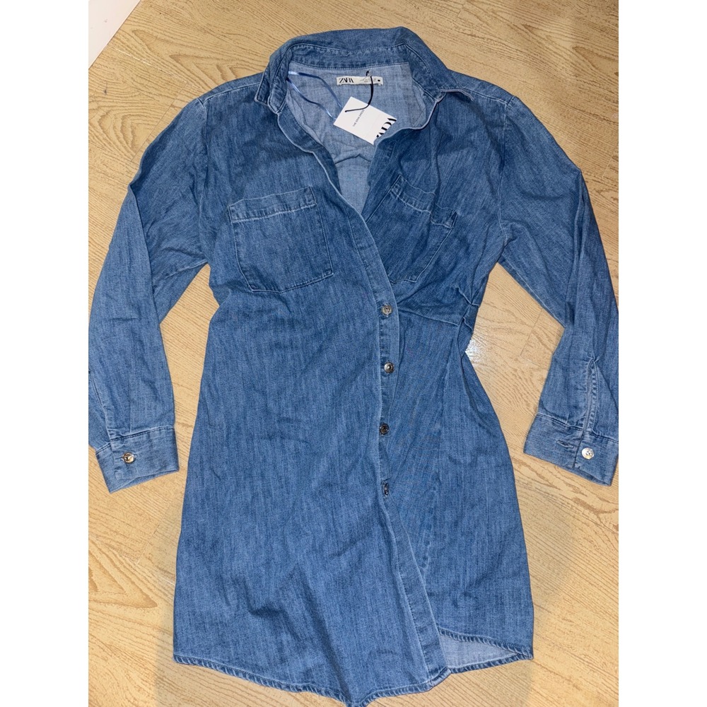 NWT Zara The Erin Dress Blue Denim Mini Button Down Long Sleeve Mid Wash